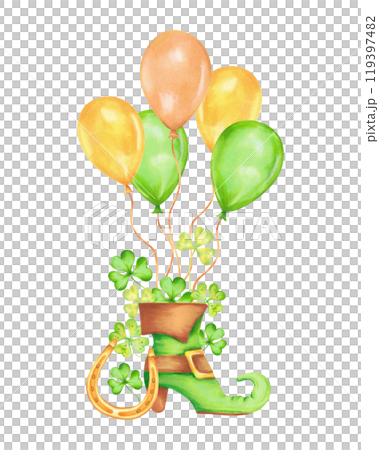 Leprechaun shoe composition with golden horseshoe,clover petals and balloons. Watercolor and marker illustration. Hand drawn isolated art. St. Patrick's Day symbol. Sketch of luck, wealth or success. 119397482