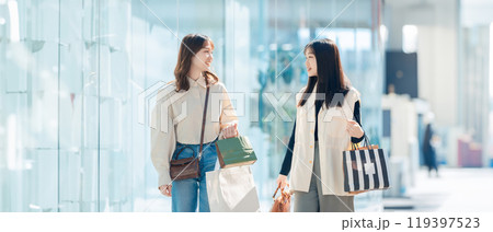ショッピングを楽しむ友達同士の若い女性 ショッピングを楽しむ友達同士の若い女性 119397523