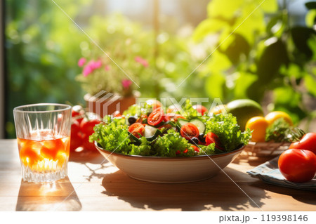 A bowl of fresh salad filled with colorful vegetables on top of a rustic wooden table. Healthy eating concept A bowl of fresh salad filled with colorful vegetables on top of a rustic wooden table. Healthy eating concept 119398146