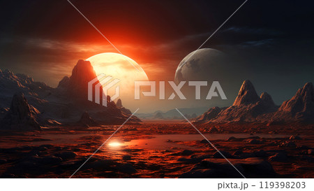 A highly detailed realistic view of the Martian surface featuring the red planet rocky terrain and distant mountain illuminated by the gentle light of the sun 119398203