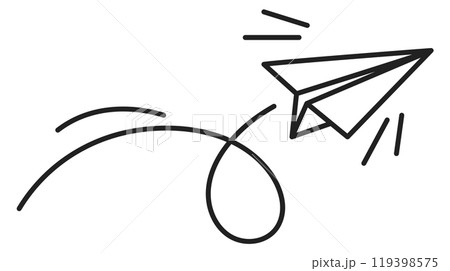A black and white drawing of a paper airplane flying through the air 119398575