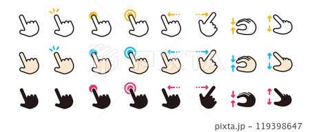 ハンドサインのアイコンセット。手のジェスチャー。スマートフォンの操作。タッチやスワイプ、スライド。 119398647