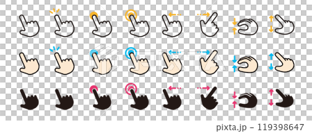 ハンドサインのアイコンセット。手のジェスチャー。スマートフォンの操作。タッチやスワイプ、スライド。 119398647