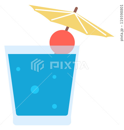 A glass of blue liquid with a cherry on top and a yellow umbrella 119398801
