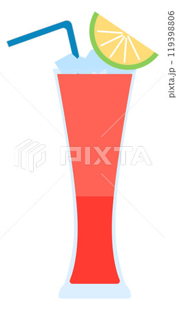 A glass of red drink with a straw and a slice of lime on top A glass of red drink with a straw and a slice of lime on top 119398806