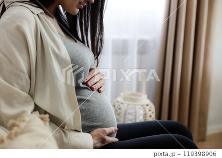 Midsection portrait of happy, beautiful, young careless pregnant woman, lady holding her baby bump, belly with hands. Sitting on sofa near window at home. Mother-to-be. Precious moment in life 119398906