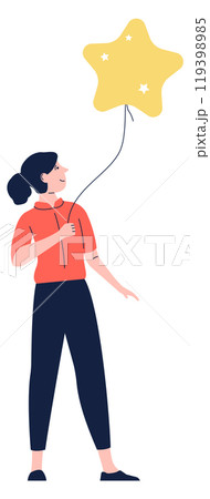 Happy woman with star balloon. Young party character 119398985