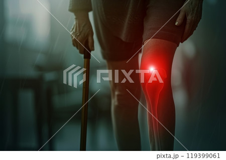 Elderly Woman Suffering from Knee Pain Using a Cane 119399061