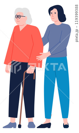 Senior care volunteer. Woman help retired person color concept 119399388