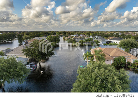 Hurricane flooded homes in residential community in Florida, USA. Aftermath of natural disaster 119399415