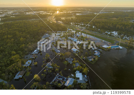 Flooded houses by hurricane Ian rainfall in Florida residential area. Consequences of natural disaster 119399578