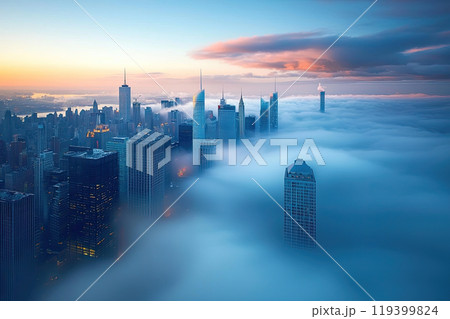 Aerial view of fog between skyscrapers in a big city 119399824