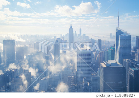 Aerial view of fog between skyscrapers in a big city 119399827