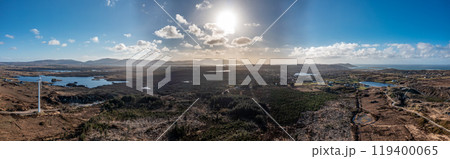 Aerial view of Bonny Glen and the Loughderryduff windfarm between Ardara and Portnoo in County Donegal. 119400065