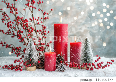 Red candles with winter Christmas decorations with snow background Red candles with winter Christmas decorations with snow background 119400177