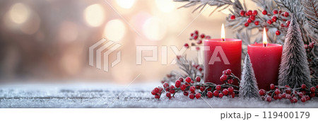 Red candles with winter Christmas decorations with snow background Red candles with winter Christmas decorations with snow background 119400179