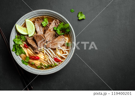 Pho Bo Vietnamese soup with rice noodle and beef Pho Bo Vietnamese soup with rice noodle and beef 119400201