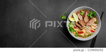 Pho Bo Vietnamese soup with rice noodle and beef Pho Bo Vietnamese soup with rice noodle and beef 119400202