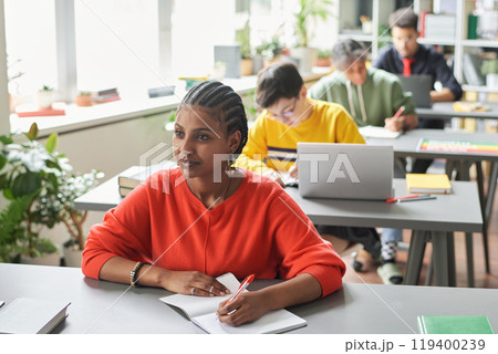 Portrait of young Black woman sitting at desk in front in school classroom and listening to teacher, copy space Portrait of young Black woman sitting at desk in front in school classroom and listening to teacher, copy space 119400239