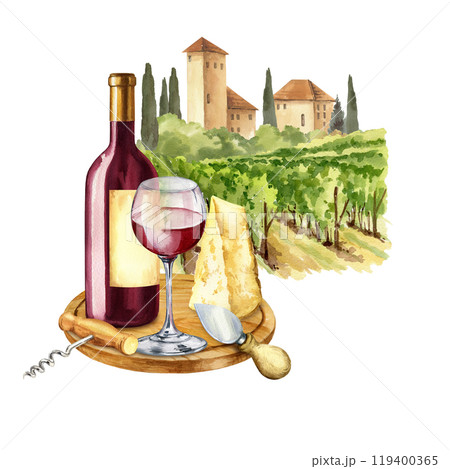 watercolor red wine bottle, glass of wine, parmesan cheese, corkscrew against Italian rural landscape with towers and farms, cypress trees and bushes, hand drawn sketch of Tuscany theme, illustration 119400365