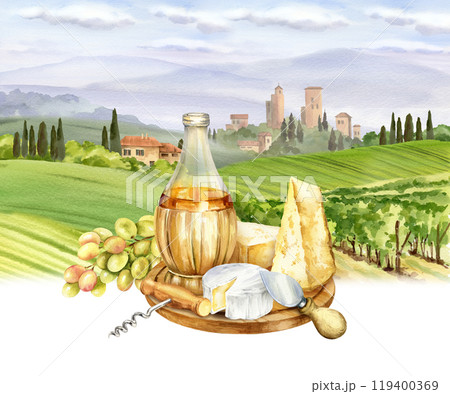 watercolor white wine bottle, parmesan, cheeses and grapes against Italian rural landscape with towers and farms, cypress trees and bushes, hand drawn sketch of Tuscany theme, food drink illustration watercolor white wine bottle, parmesan, cheeses and grapes against Italian rural landscape with towers and farms, cypress trees and bushes, hand drawn sketch of Tuscany theme, food drink illustration 119400369