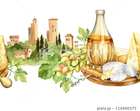 watercolor white wine bottle, parmesan, cheeses and grapes against Italian rural landscape with towers and farms, cypress trees and bushes, hand drawn sketch of Tuscany theme, food drink illustration watercolor white wine bottle, parmesan, cheeses and grapes against Italian rural landscape with towers and farms, cypress trees and bushes, hand drawn sketch of Tuscany theme, food drink illustration 119400375