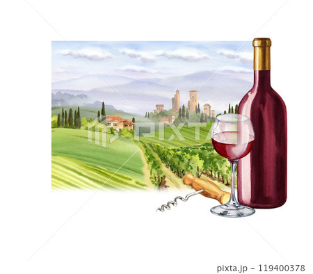 watercolor red wine bottle, glass of wine, corkscrew against Italian rural landscape with towers and farms, cypress trees and bushes, hand drawn sketch of Tuscany theme, illustration of drink 119400378
