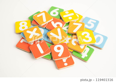 Number wood block cubes for learning Mathematic, education math concept. 119401316