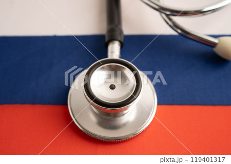 Russia flag with black stethoscope, Business and finance concept. 119401317