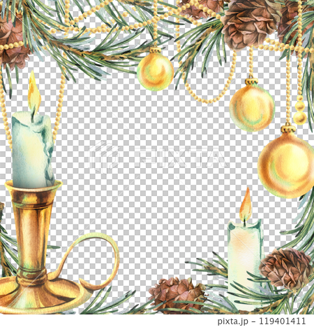 Golden beads with Christmas balls hanging with pine branches, cones and candles. Watercolor illustration New Year Christmas hand drawn. Template, frame, isolated from background. 119401411