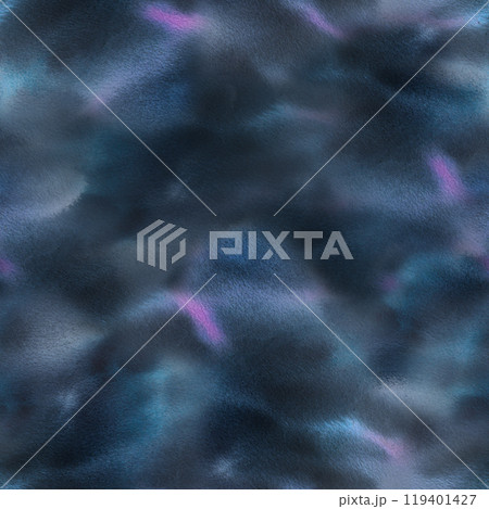 Night sky dark blue with clouds and nebulae, paint spots, ink. Hand drawn watercolor illustration. Seamless texture pattern. Night sky dark blue with clouds and nebulae, paint spots, ink. Hand drawn watercolor illustration. Seamless texture pattern. 119401427