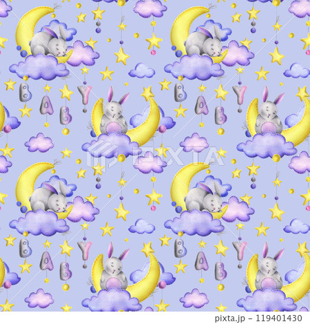 A cute gray stitched bunny lies and sleeps on a yellow moon with clouds, stars, the letters BABY hanging on ropes with bows. Watercolor illustration, hand drawn. Seamless pattern on a blue background 119401430