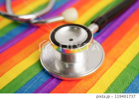 LGBT symbol, Stethoscope on rainbow flag, rights and gender equality, LGBT Pride Month in June. 119401737