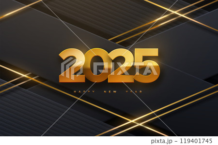 Happy New 2025 Year. Vector holiday illustration of golden numbers 2025 on black geometric background 119401745