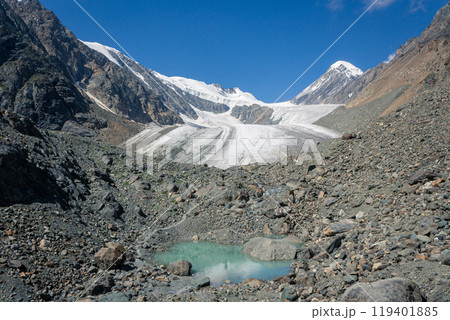 small turquoise lake and glacier in the Altai mountains, Aktru at summer day small turquoise lake and glacier in the Altai mountains, Aktru at summer day 119401885