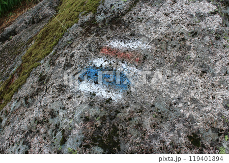 Red and blue trail Marking, hiking route on stone. Navigation in forest Red and blue trail Marking, hiking route on stone. Navigation in forest 119401894