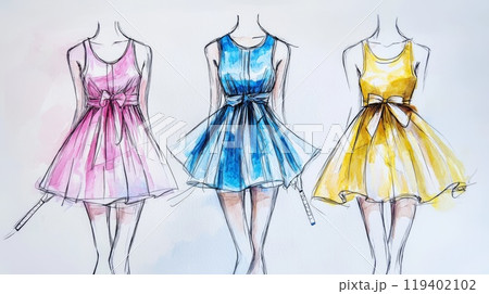 Fashion Sketches of Elegant Dresses in Pink, Blue, and Yellow with Ribbon Details Fashion Sketches of Elegant Dresses in Pink, Blue, and Yellow with Ribbon Details 119402102