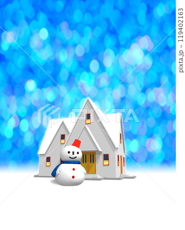 雪が積もる家と雪だるま 119402163
