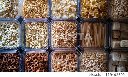 Diverse Selection of Uncooked Pasta Varieties in Clear Containers for Culinary Inspiration Diverse Selection of Uncooked Pasta Varieties in Clear Containers for Culinary Inspiration 119402203