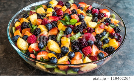 Fresh Fruit Salad Bowl with Mixed Berries and Mint on a Rustic Table 119402264