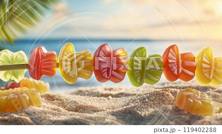 Colorful Gummy Candies on Sandy Beach with Tropical Ocean Background Colorful Gummy Candies on Sandy Beach with Tropical Ocean Background 119402288