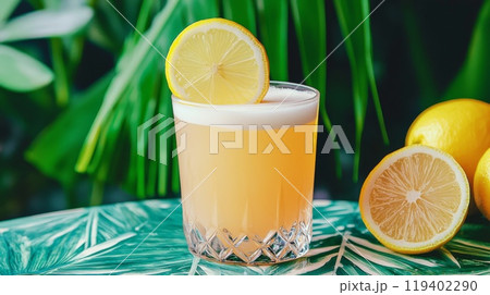 Refreshing Lemon Cocktail with Tropical Leaves Background on a Summer Day 119402290