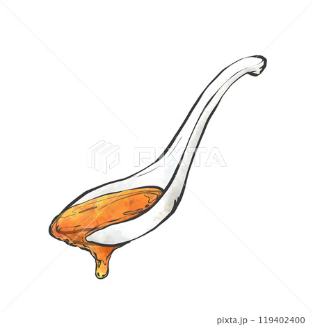 レンゲですくう醤油スープの手書き筆絵風イラスト 119402400