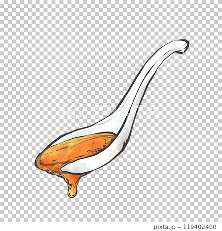 レンゲですくう醤油スープの手書き筆絵風イラスト 119402400