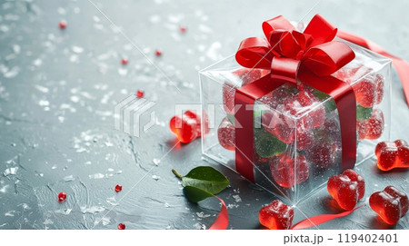 Elegant Gift Box with Red Ribbon and Festive Gummies for Holiday Celebrations 119402401