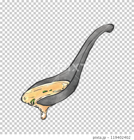 Hand-drawn illustration of a cloudy soup being scooped up with a spoon 119402402