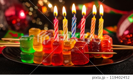 Vibrant Birthday Celebration. Sweet Gummy Skewers with Burning Candles in Festive Setting 119402452