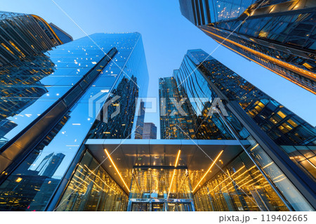 Architectural photography of large glass office buildings seen from below 119402665