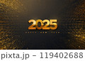 Happy New 2025 Year. Vector holiday illustration. Golden 2025 numbers on black background textured with shimmering glitters. Festive event banner with bursting light rays. Modern cover design 119402688