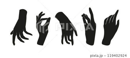 set of hands in a boho style, characterized by intricate patterns and a free-spirited design. 119402924